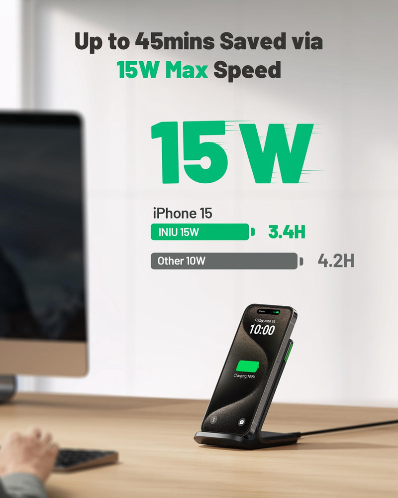 INIU 15W Wireless Charger Stand - Qi Fast Charging Dock for iPhone, Samsung Galaxy & More
