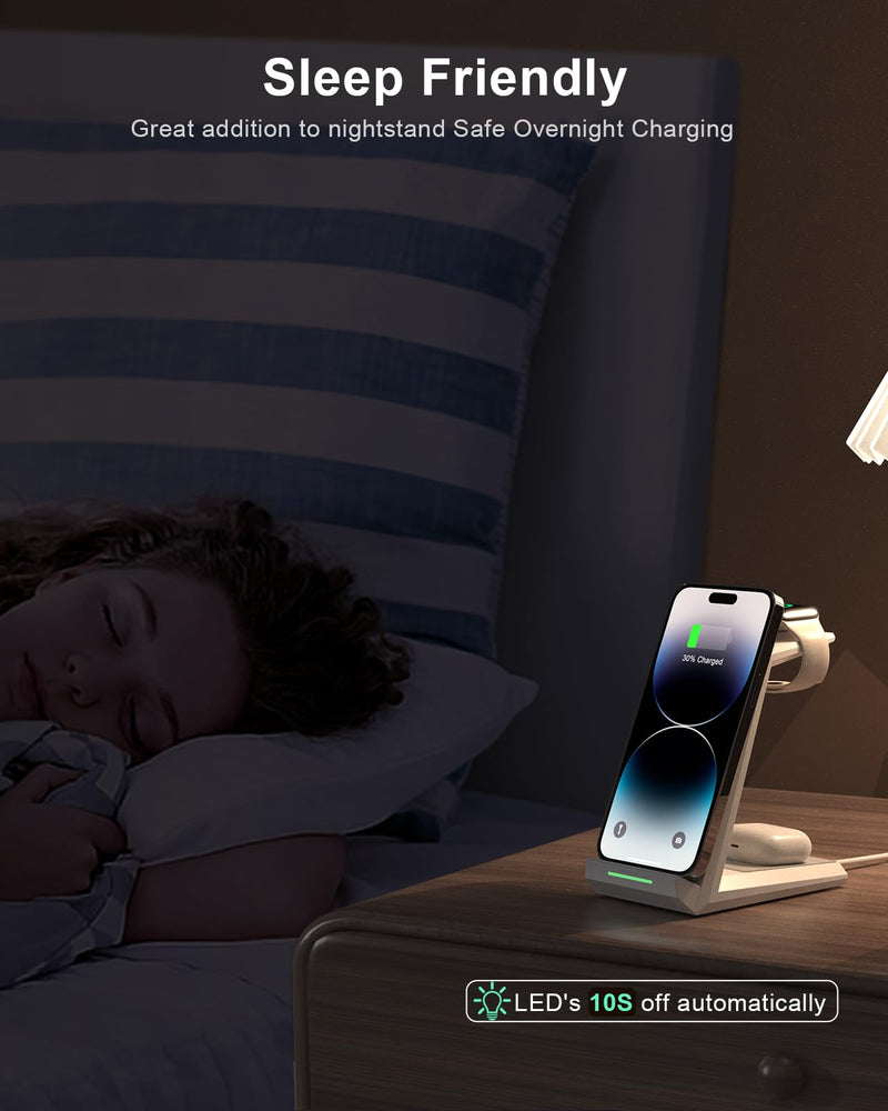 ADADPU 3-in-1 Wireless Charger 15W - Fast Charging Stand for iPhone, Apple Watch & AirPods (White)