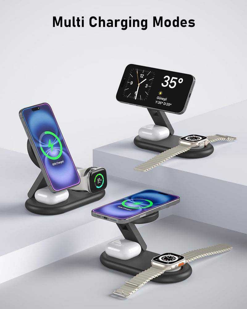 3-in-1 Wireless Charging Station for Apple - 15W Fast Foldable MagSafe Charger for iPhone, Apple Watch & AirPods