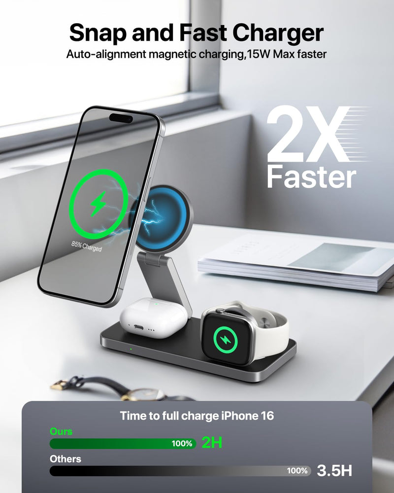 Keepro 3-in-1 Wireless Charging Station - Magnetic Fast Charger for iPhone, Apple Watch & AirPods (Black)