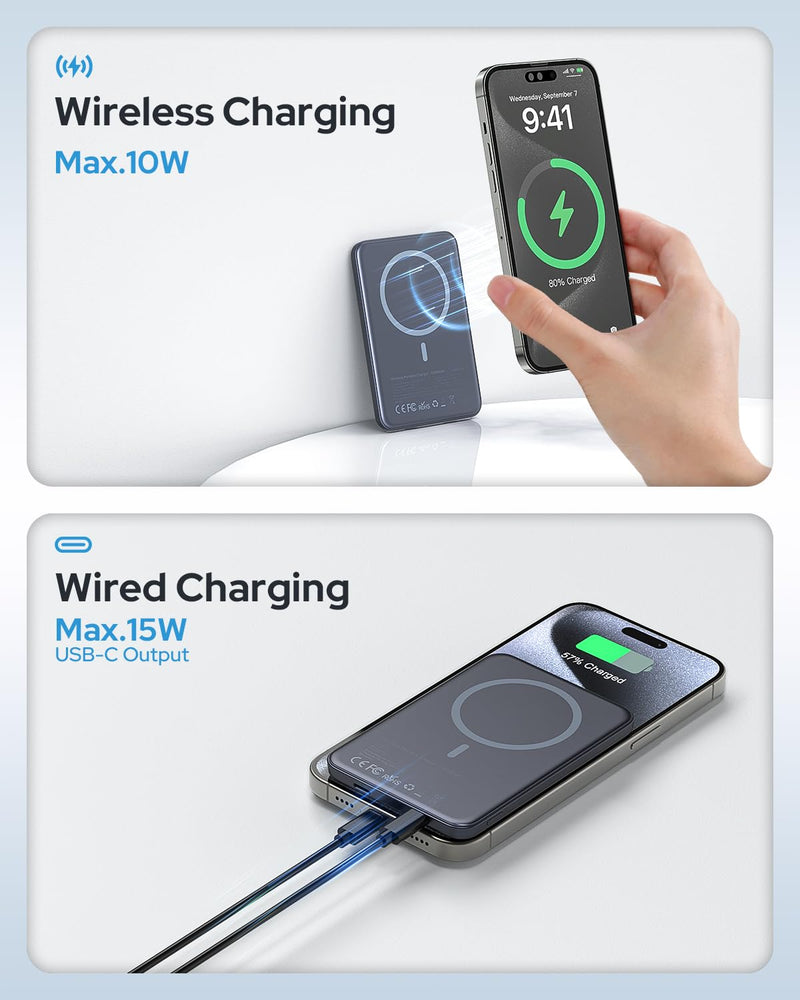MagSafe Power Bank 5000mAh - Ultra-Slim Wireless Charger, Fast Charging with USB-C for iPhone 17/16/15/14/13/12 (Space Gray)