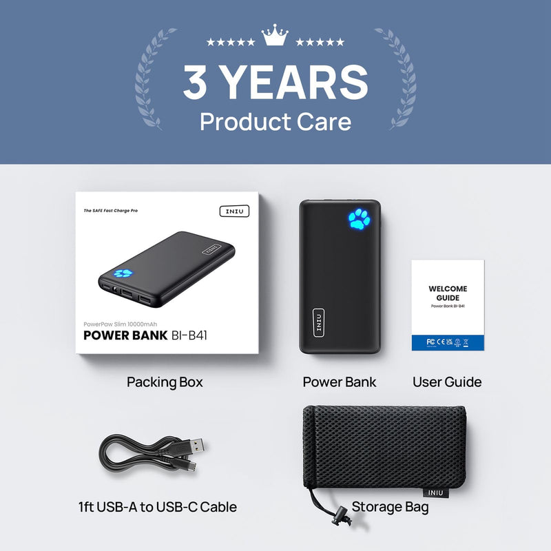 INIU 10000mAh Power Bank - Slim, Light, High-Speed USB-C, Triple 3A Output for iPhone 17/16/15/14 & More