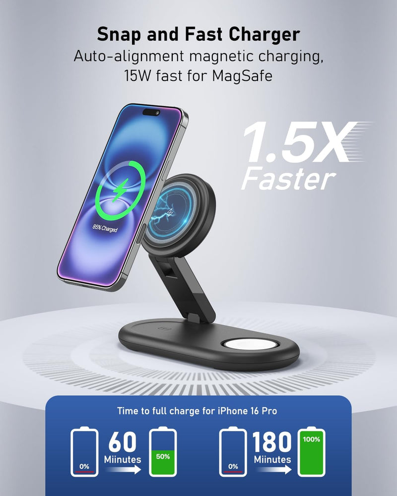 3-in-1 Wireless Charging Station for Apple - 15W Fast Foldable MagSafe Charger for iPhone, Apple Watch & AirPods