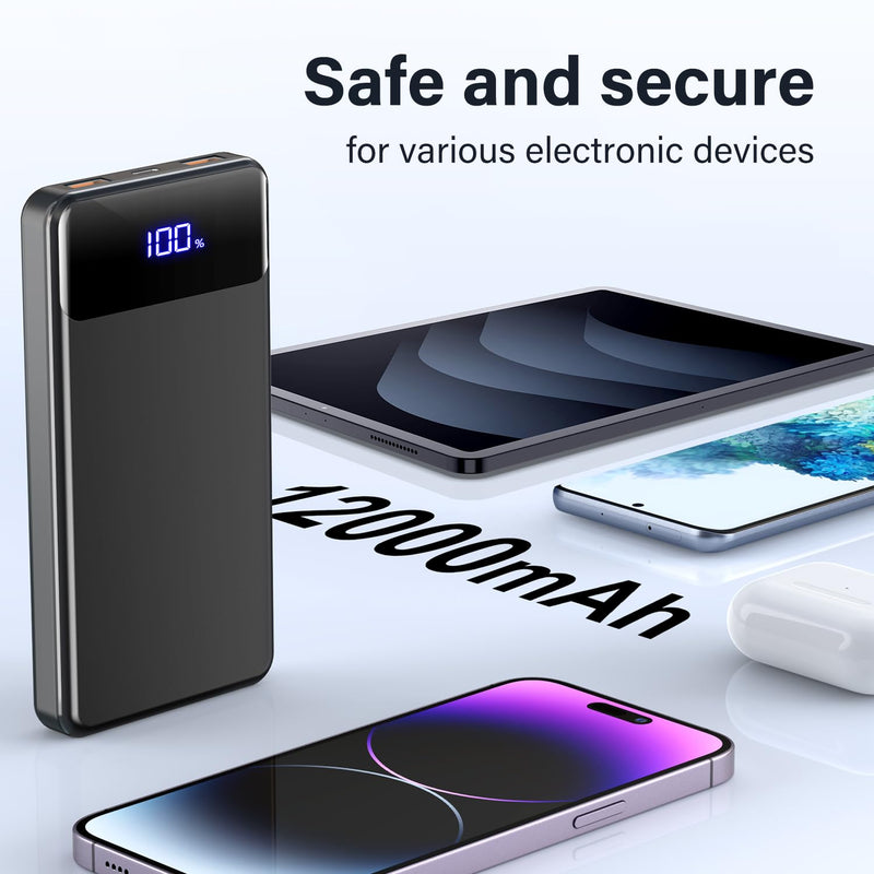 12000mAh Power Bank - PD22.5W Fast Charging, USB-C/USB-A Output for iPhone 17/16/15/14/13 & Galaxy