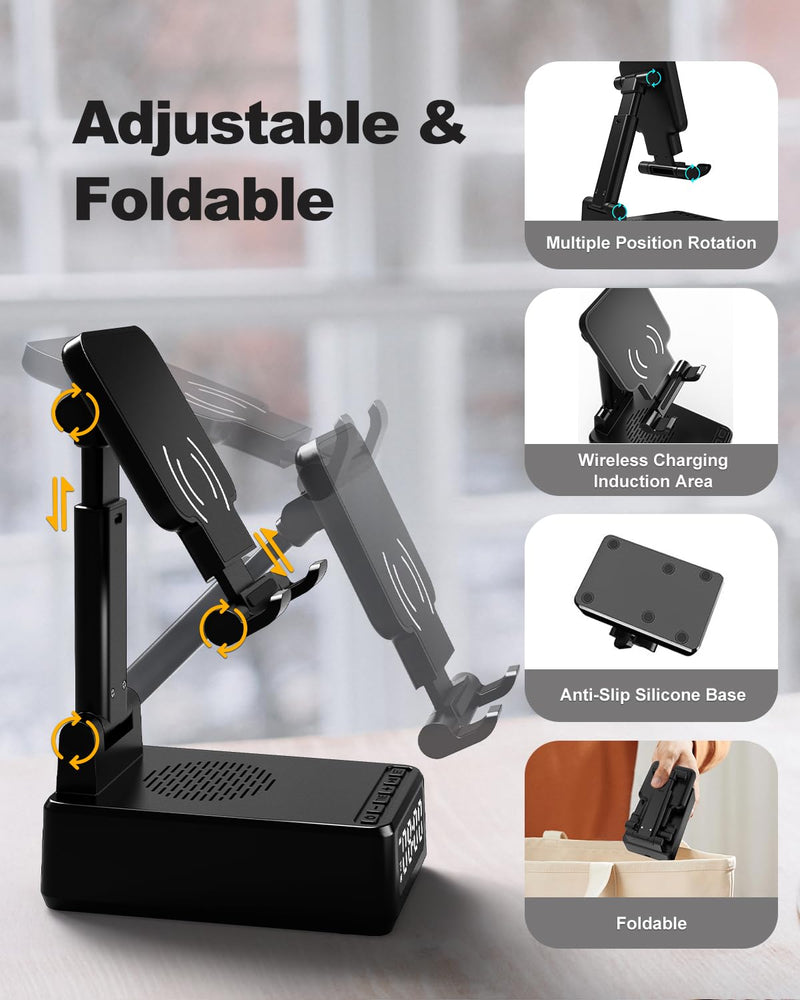 Bluetooth Speaker with Wireless Charger & Phone Stand - Foldable Stand, Alarm Clock, Birthday Gift for Men & Women