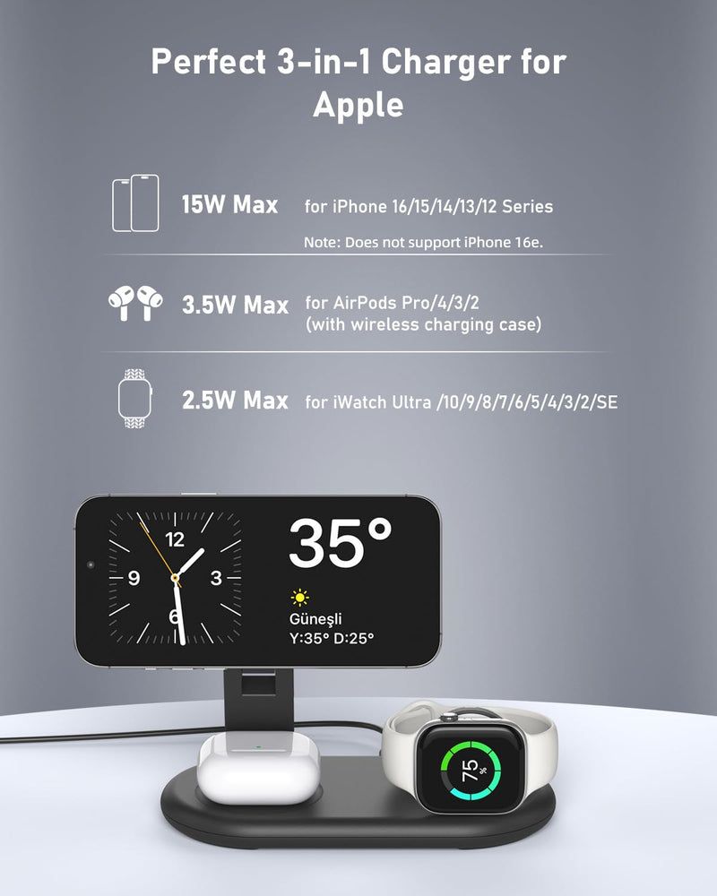 3-in-1 Wireless Charging Station for Apple - 15W Fast Foldable MagSafe Charger for iPhone, Apple Watch & AirPods