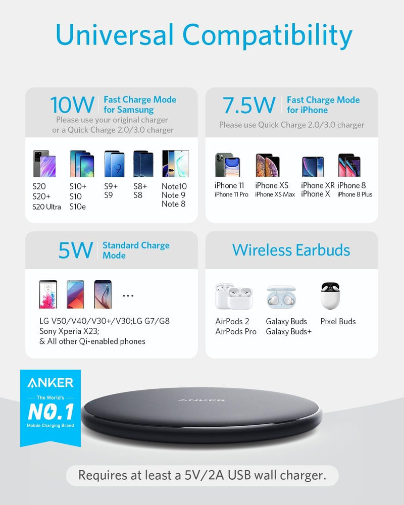 Anker PowerWave Wireless Charger 10W - Qi-Certified for iPhone, AirPods & Samsung Galaxy S23