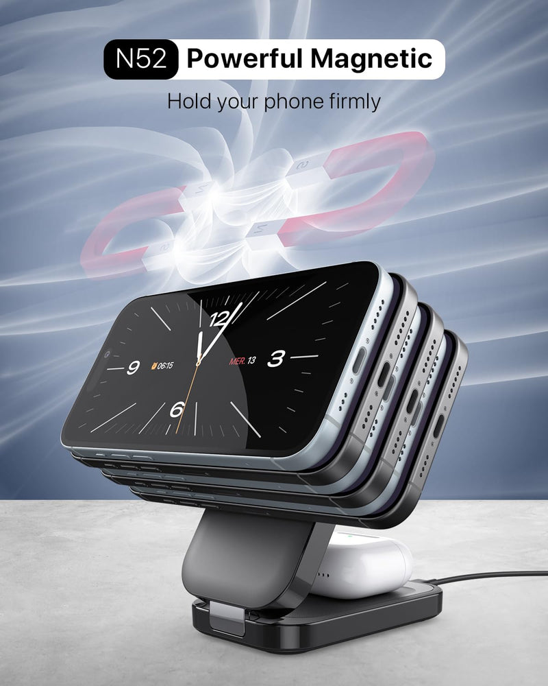 3-in-1 Wireless Charging Station for Apple - 15W Fast Foldable Magnetic Charger for iPhone, Apple Watch & AirPods