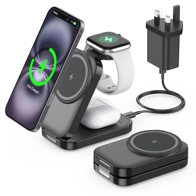 3-in-1 Wireless Charging Station for Apple - 15W Fast Foldable Magnetic Charger for iPhone, Apple Watch & AirPods