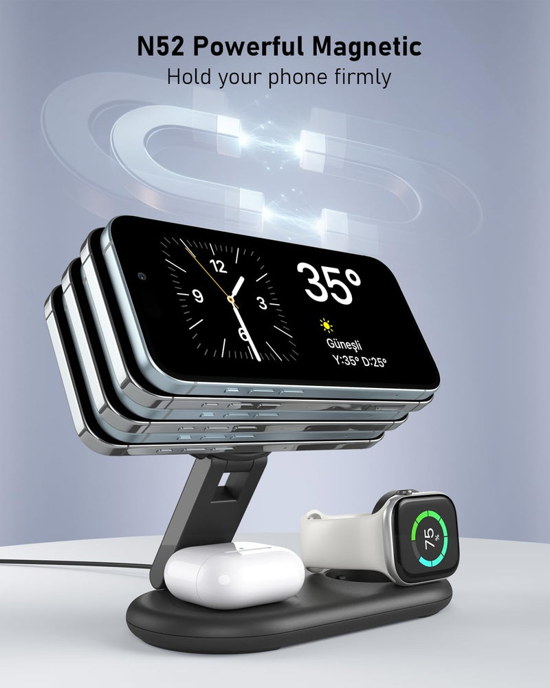3-in-1 Wireless Charging Station for Apple - 15W Fast Foldable MagSafe Charger for iPhone, Apple Watch & AirPods