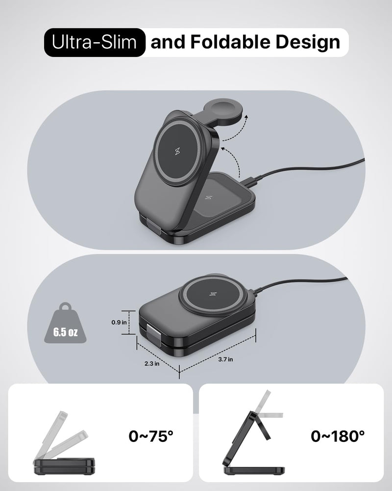 3-in-1 Wireless Charging Station for Apple - 15W Fast Foldable Magnetic Charger for iPhone, Apple Watch & AirPods