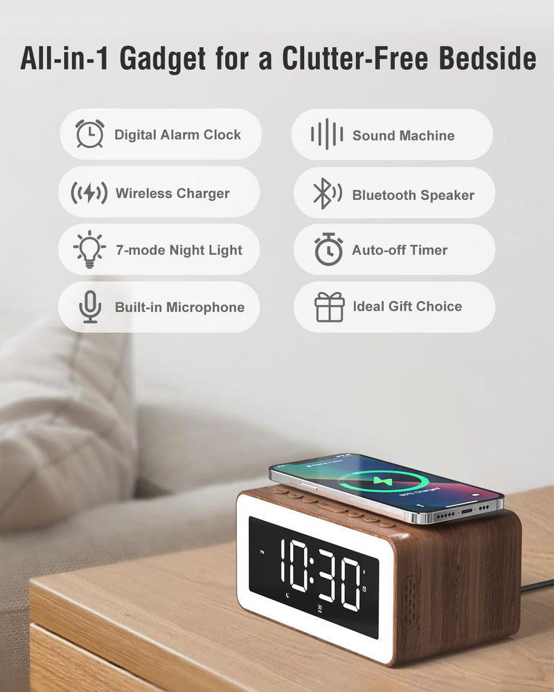 Birthday Gifts for Men - Alarm Clock with Wireless Charger, Bluetooth Speaker, Wake-Up Light & Snooze Alarm