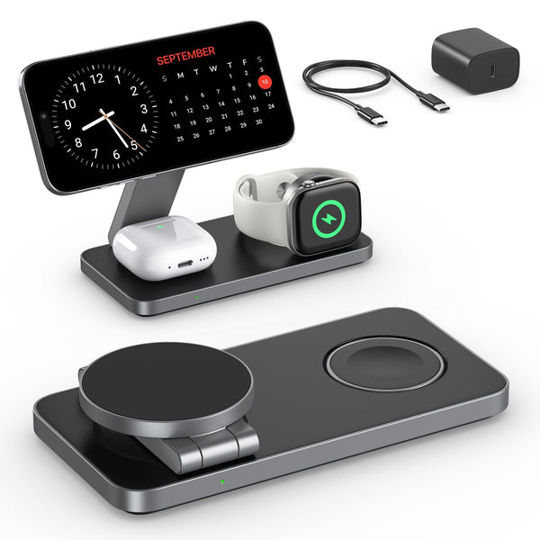 Keepro 3-in-1 Wireless Charging Station - Magnetic Fast Charger for iPhone, Apple Watch & AirPods (Black)