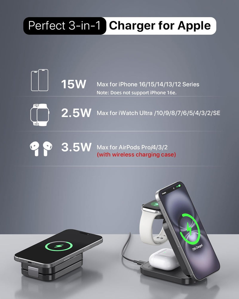 3-in-1 Wireless Charging Station for Apple - 15W Fast Foldable Magnetic Charger for iPhone, Apple Watch & AirPods