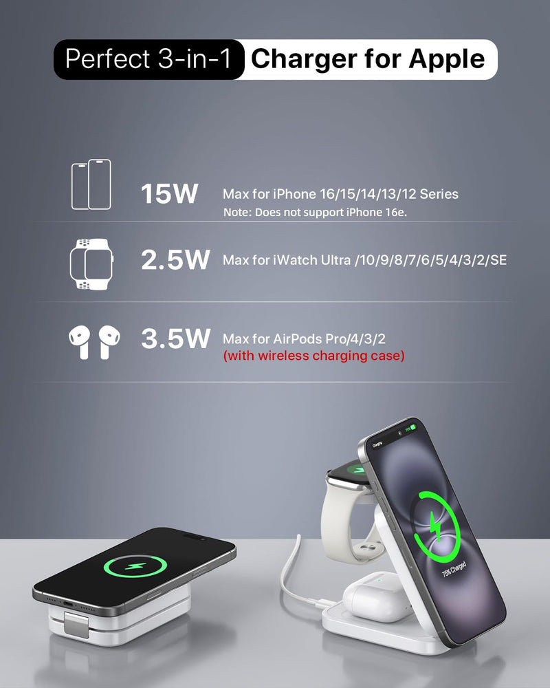 3-in-1 Wireless Charging Station for Apple - Foldable Magnetic Charger, 15W Fast for iPhone, Apple Watch & AirPods