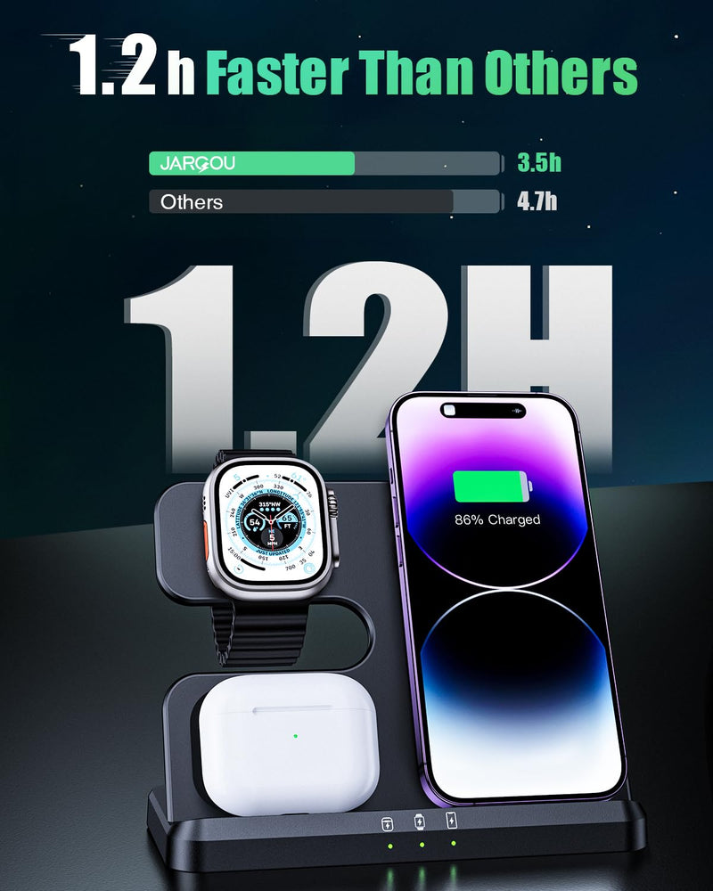 JARGOU 3-in-1 Wireless Charging Station for Apple - Fast Charger for iPhone, Apple Watch & AirPods
