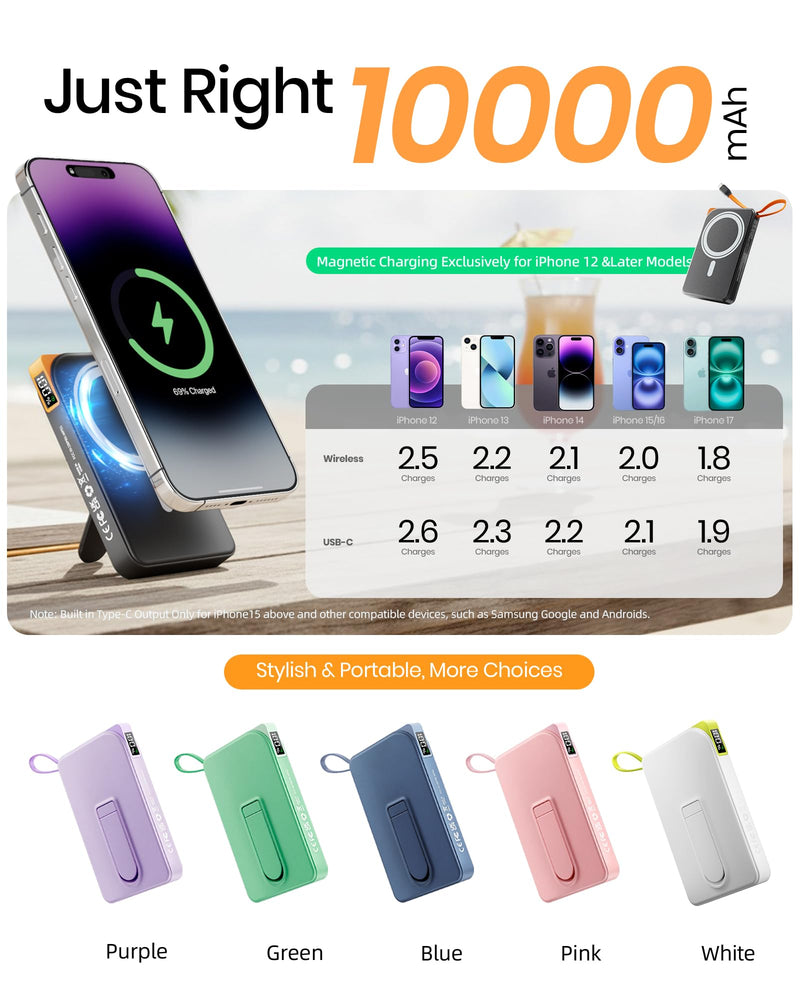 MagSafe Power Bank 10,000mAh - Foldable Stand, 22.5W Fast Charging USB-C, Wireless Charger for iPhone 17/16/15/14/13/12