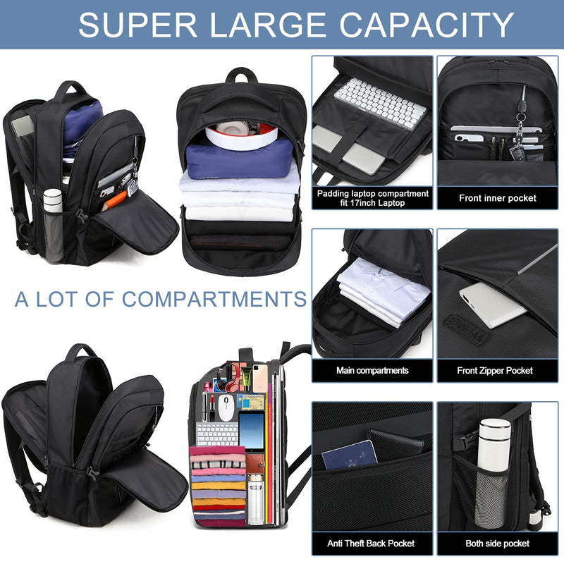 50L Extra Large Backpack for Men - Water-Resistant, USB Port, Anti-Theft, TSA Approved, Fits 17" Laptop (Black)