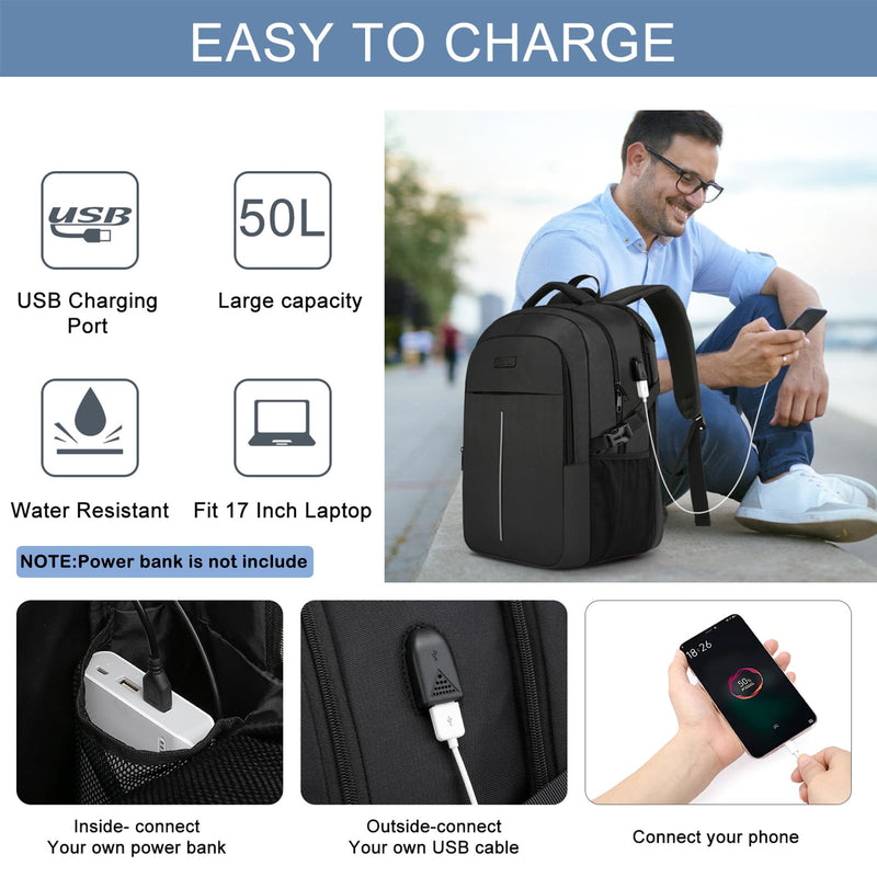 50L Extra Large Backpack for Men - Water-Resistant, USB Port, Anti-Theft, TSA Approved, Fits 17" Laptop (Black)