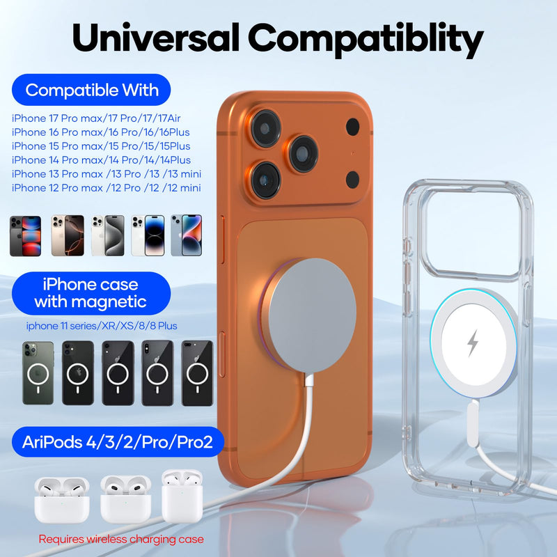 Magnetic Wireless Charger - Fast MagSafe Charger for iPhone 17/16/15/14/13/12 & AirPods
