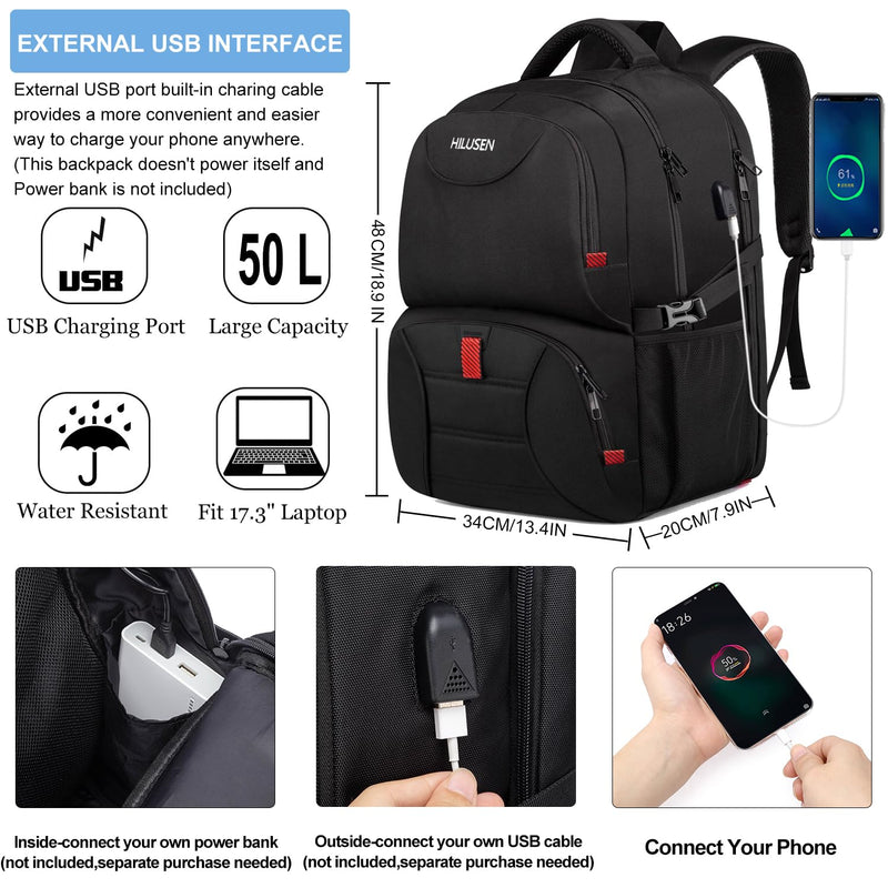 50L Extra Large Backpack for Men - Water-Resistant, USB Port, Fits 17.3" Laptop, Travel & Work Rucksack (Black)