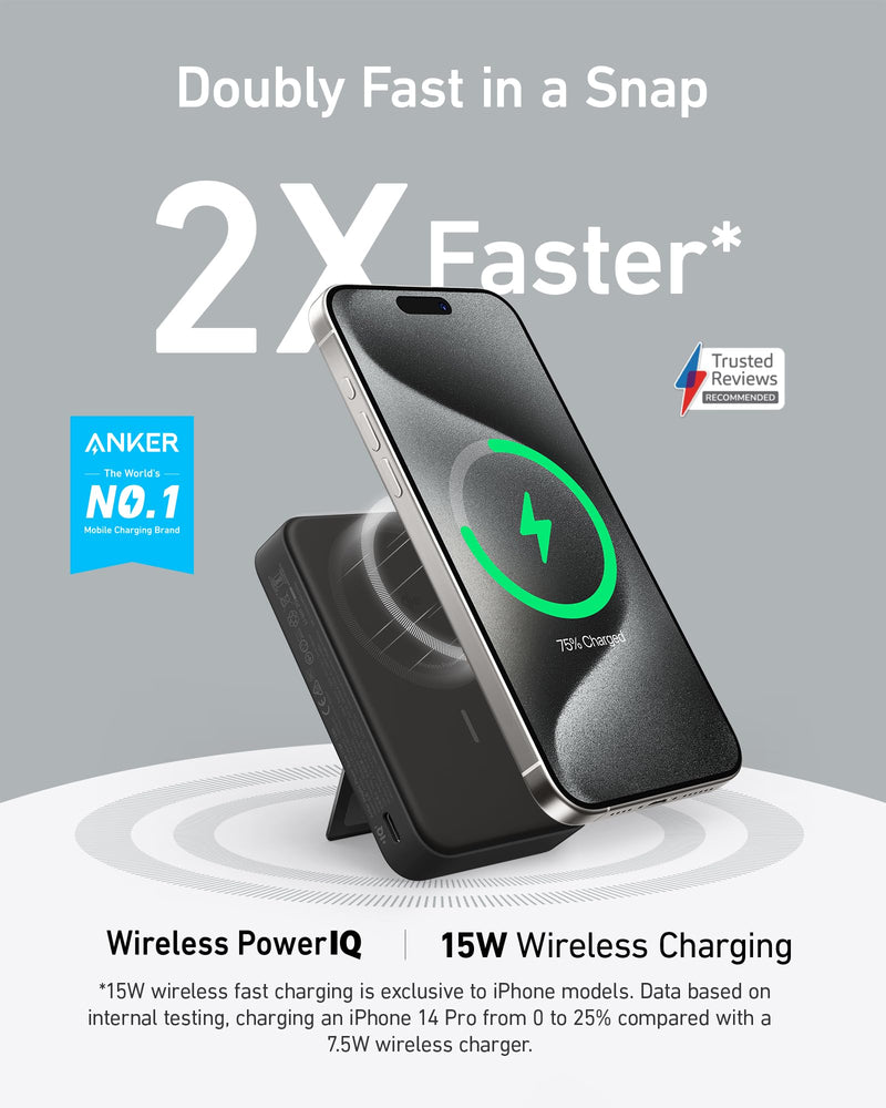 Anker MagGo 10,000mAh Power Bank - Qi2 Certified 15W MagSafe-Compatible Charger with Smart Display & Foldable Stand for iPhone 16/15/14/13