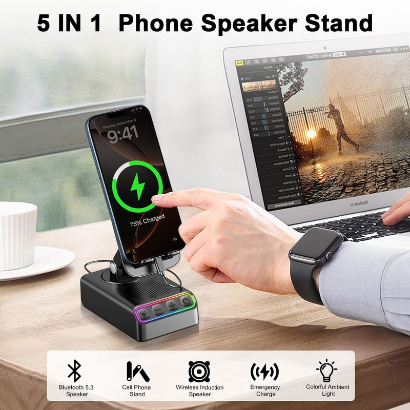 Hupoaf Phone Stand with Bluetooth Speaker - Auto Sensing Playback, Foldable Wireless Charger, Birthday Gift for Men