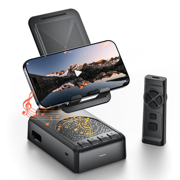 Cell Phone Stand with Bluetooth Speaker & Remote Control - Portable, All-Day Playtime, Compatible with iOS/Android