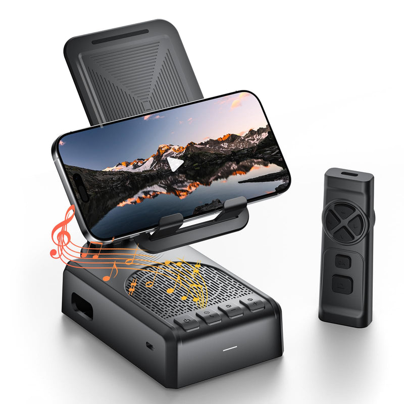 Cell Phone Stand with Bluetooth Speaker & Remote Control - Portable, All-Day Playtime, Compatible with iOS/Android