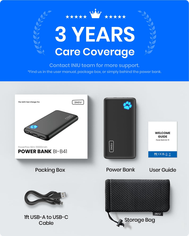 INIU 10000mAh Power Bank - Slim, Light, High-Speed USB-C, Triple 3A Output for iPhone 17/16/15/14 & More