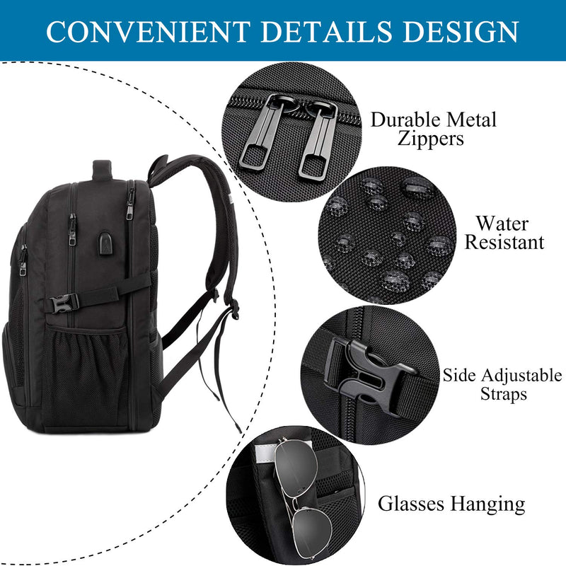 50L Extra Large Travel Laptop Backpack - Water-Resistant, USB Port, Anti-Theft, Fits 17" Laptop (Black)