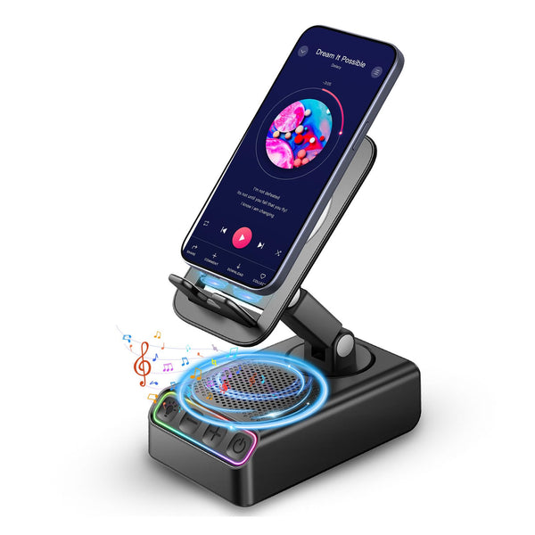 Hupoaf Phone Stand with Bluetooth Speaker - Auto Sensing Playback, Foldable Wireless Charger, Birthday Gift for Men