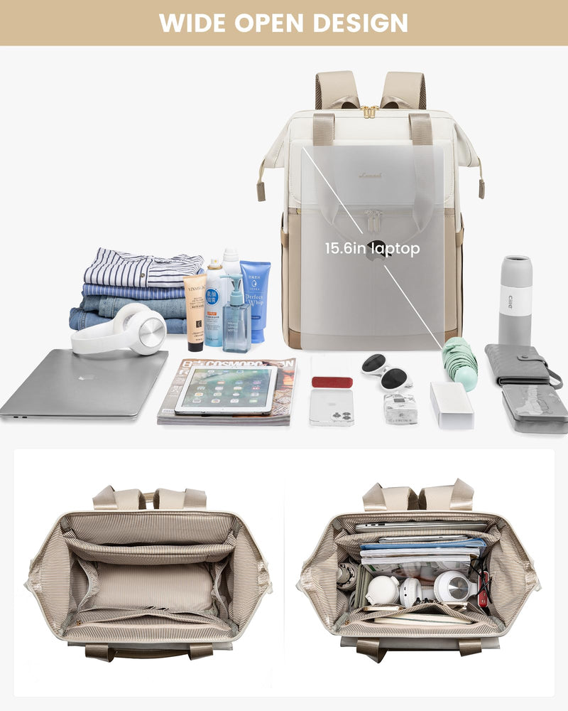 LOVEVOOK 15.6" Laptop Backpack for Women - Waterproof, USB Port, Daypack for Work & Travel (Beige/Khaki)