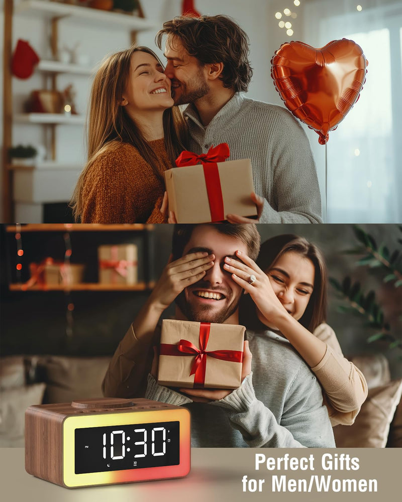 Birthday Gifts for Men - Alarm Clock with Wireless Charger, Bluetooth Speaker, Wake-Up Light & Snooze Alarm