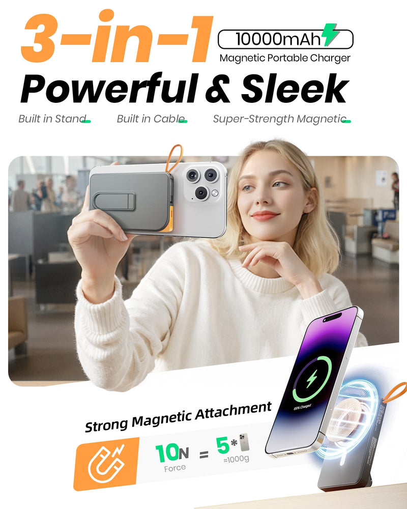 MagSafe Power Bank 10,000mAh - Foldable Stand, 22.5W Fast Charging USB-C, Wireless Charger for iPhone 17/16/15/14/13/12
