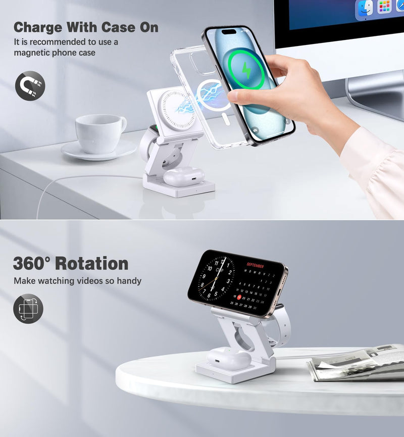 3-in-1 Wireless Charging Station - Foldable Magnetic Dock, 18W for iPhone, Apple Watch & AirPods
