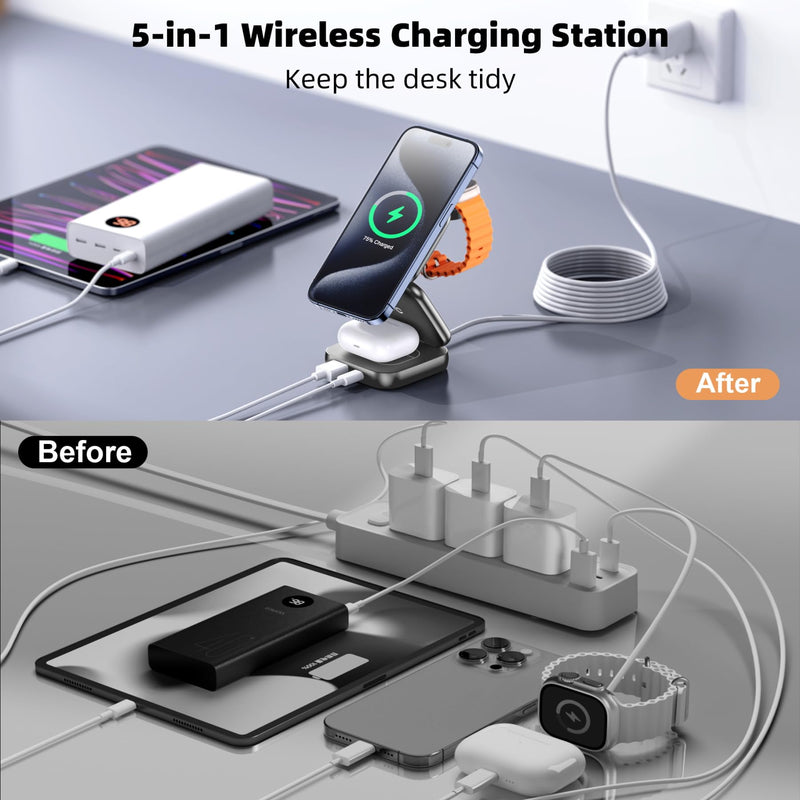 AC Island 5-in-1 MagSafe Wireless Charging Station - Foldable Charger for iPhone, Apple Watch & AirPods (Grey)