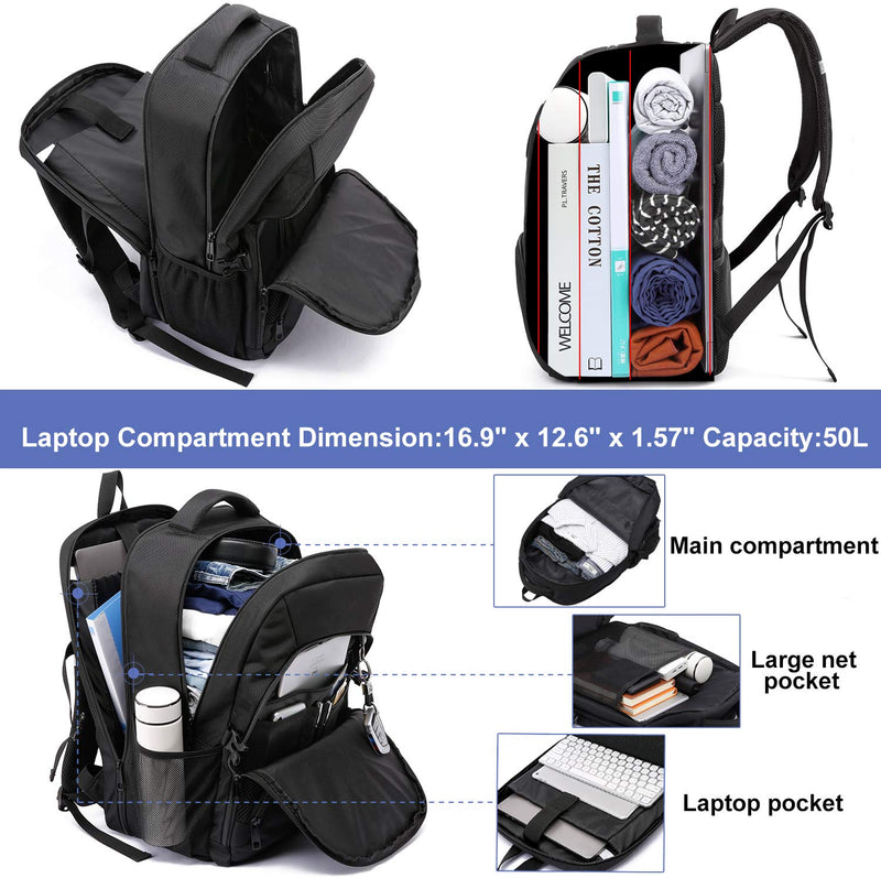 50L Extra Large Travel Laptop Backpack - Water-Resistant, USB Port, Anti-Theft, Fits 17" Laptop (Black)