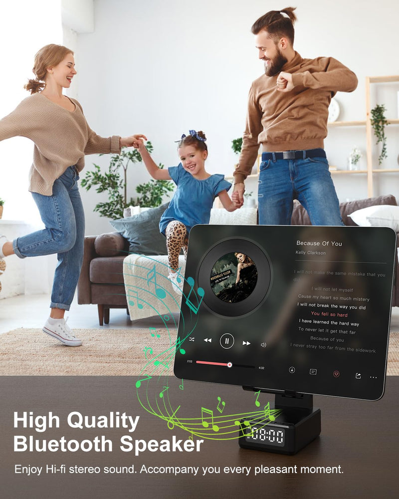 Bluetooth Speaker with Wireless Charger & Phone Stand - Foldable Stand, Alarm Clock, Birthday Gift for Men & Women