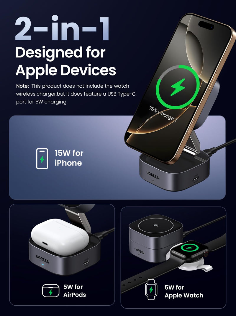 UGREEN MagFlow 2-in-1 MagSafe Wireless Charger - Magnetic Charging Stand for iPhone & AirPods