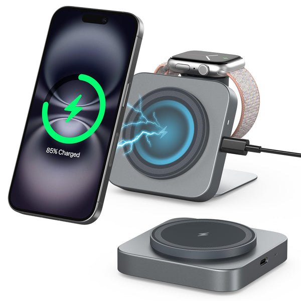 Mini MagSafe 2-in-1 Charger Stand - Foldable Wireless Charging Station, 15W Fast for iPhone, Apple Watch & AirPods