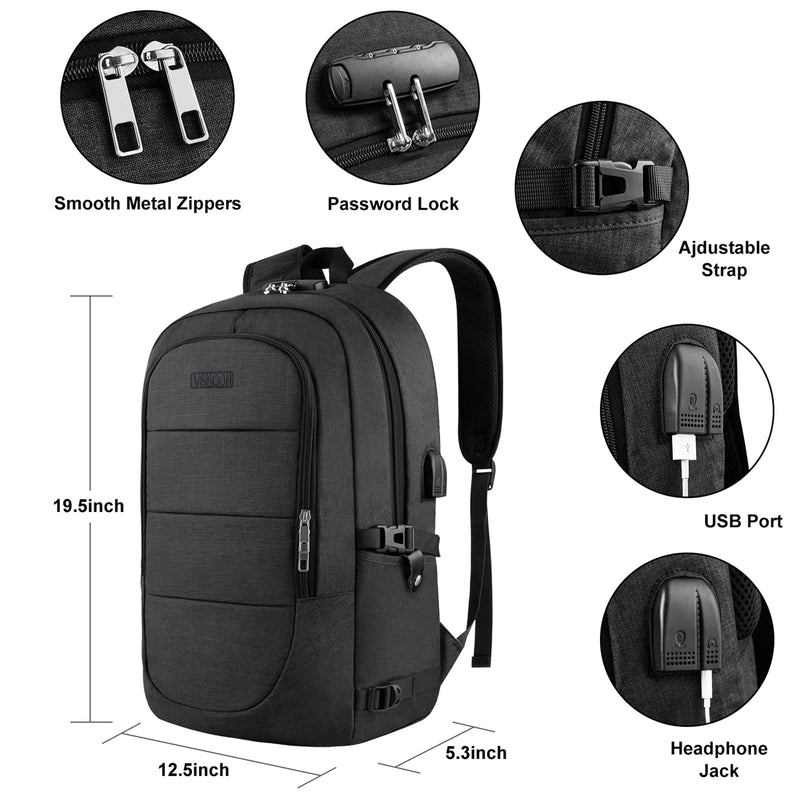 VSNOON Anti-Theft Laptop Backpack 15.6-17.3" - USB Port, Lock, Water-Resistant (Black)
