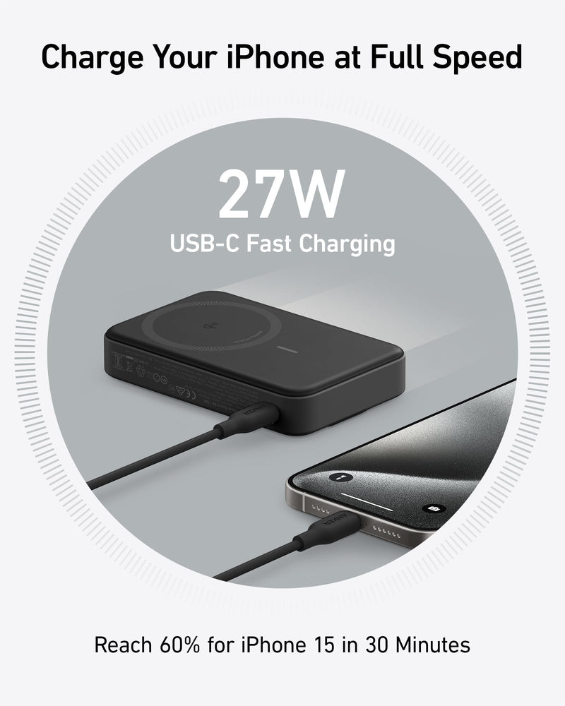 Anker MagGo 10,000mAh Power Bank - Qi2 Certified 15W MagSafe-Compatible Charger with Smart Display & Foldable Stand for iPhone 16/15/14/13