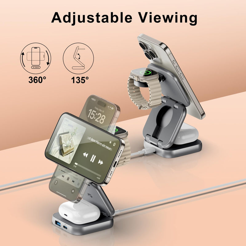AC Island 5-in-1 MagSafe Wireless Charging Station - Foldable Charger for iPhone, Apple Watch & AirPods (Grey)