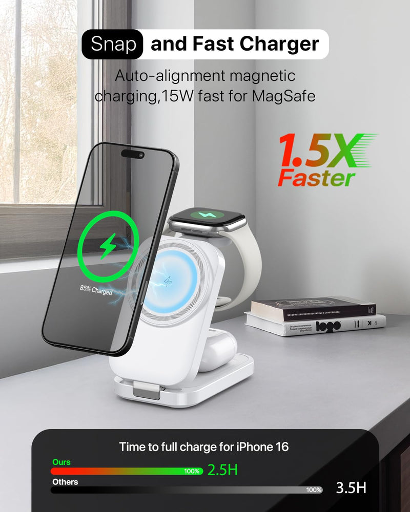3-in-1 Wireless Charging Station for Apple - Foldable Magnetic Charger, 15W Fast for iPhone, Apple Watch & AirPods
