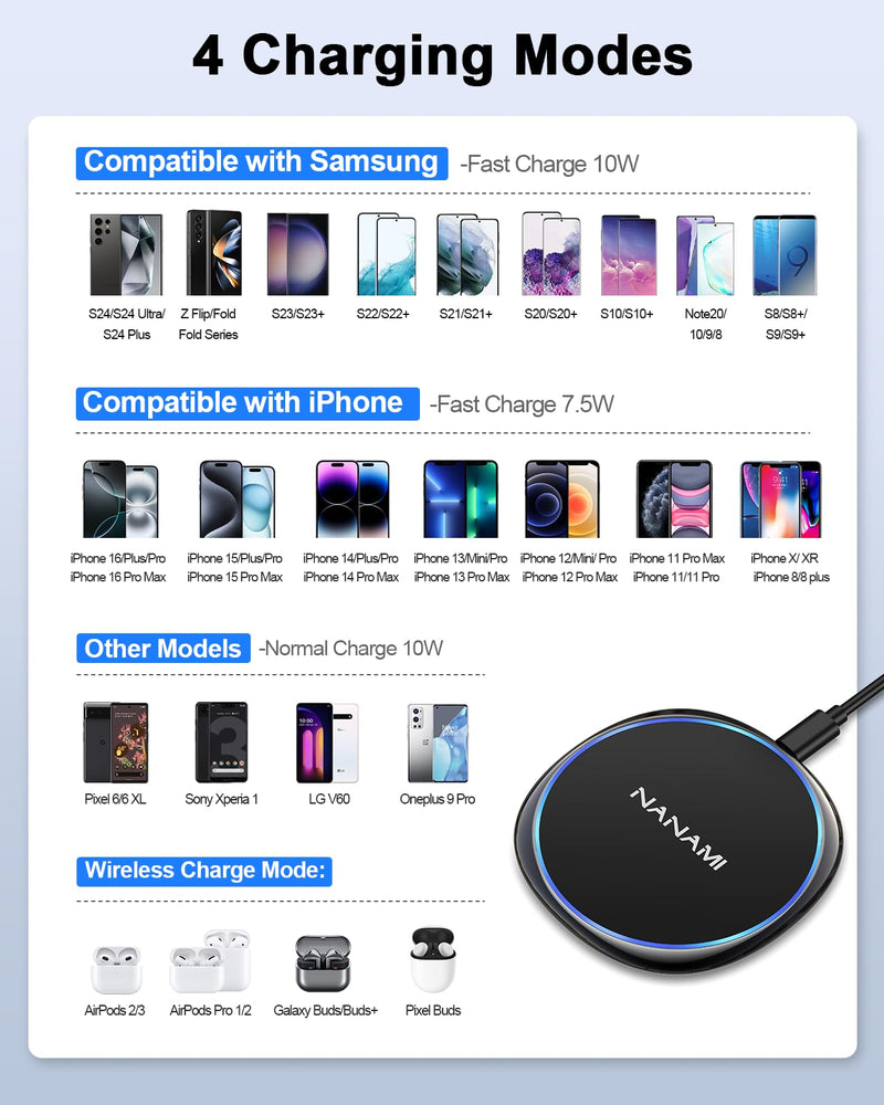 NANAMI Wireless Charger 10W - Qi-Certified Charging Pad for iPhone, AirPods & Samsung Galaxy