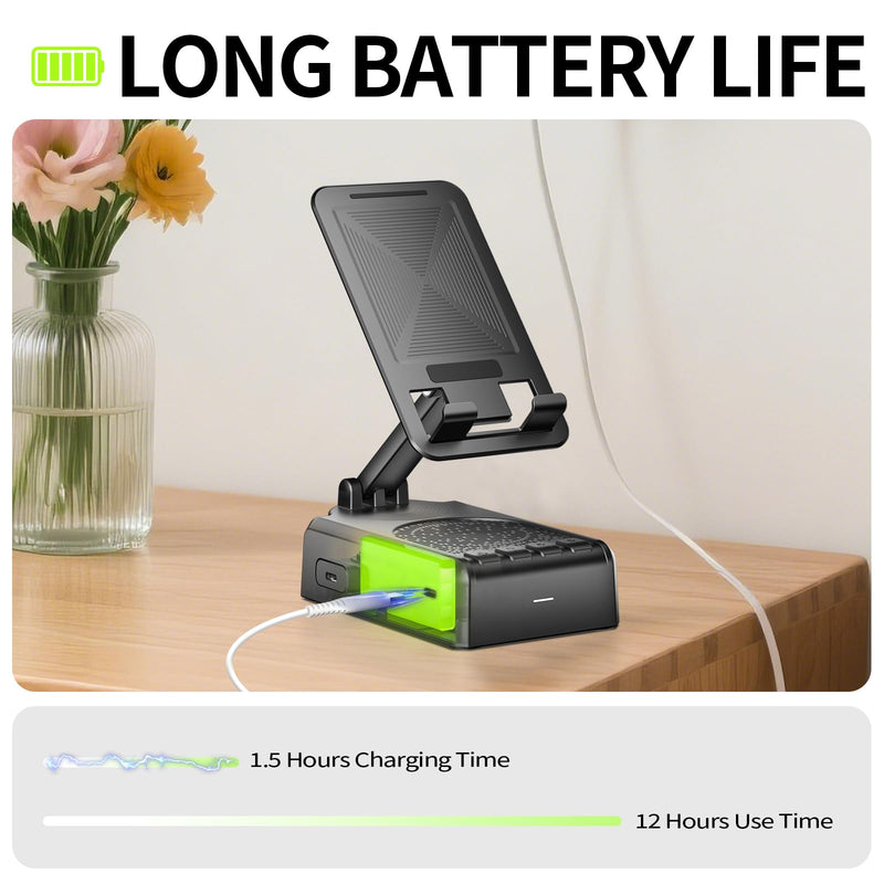 Cell Phone Stand with Bluetooth Speaker & Remote Control - Portable, All-Day Playtime, Compatible with iOS/Android