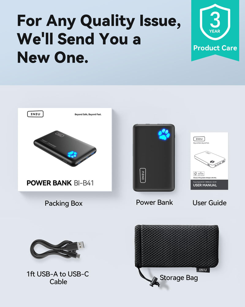 INIU 10000mAh Power Bank - 45W PD Fast Charging, USB-C in/out, Portable Charger for iPhone 17/16/15/14/13 & More