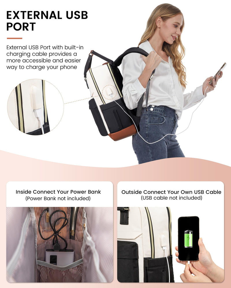LOVEVOOK 15.6" Laptop Backpack for Women - Waterproof, USB Port, Anti-Theft Rucksack (Beige/Black)