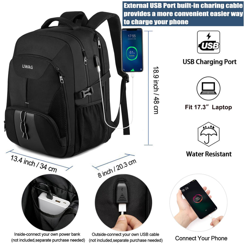 50L Extra Large Travel Laptop Backpack - Water-Resistant, USB Port, Anti-Theft, Fits 17" Laptop (Black)